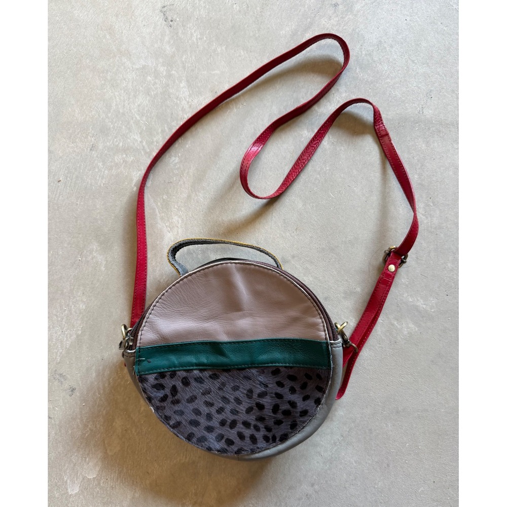Soruka Crossbody Purse Recycled Leather Round Leopard Hair Hide Patchwork Multi‎
